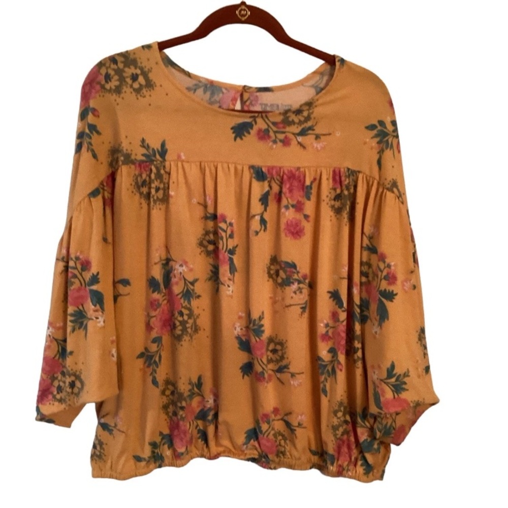 Time and Tru Orange Floral Relaxed Blouse L Large 12-14 Elastic waist bat sleeve